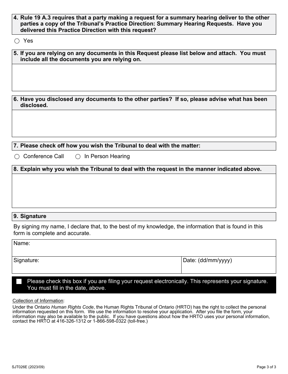 Form 26 Request for Summary Hearing - Ontario, Canada, Page 3