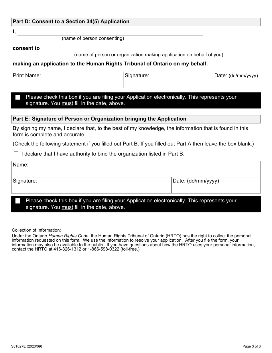 Form 27 Application Under Section 34(5) of the Human Rights Code - Application on Behalf of Another Person - Ontario, Canada, Page 3