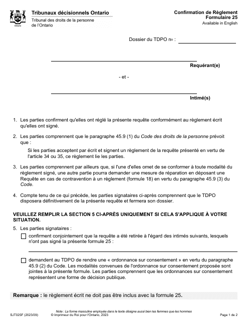 Forme 25 Confirmation De Reglement - Ontario, Canada (French)