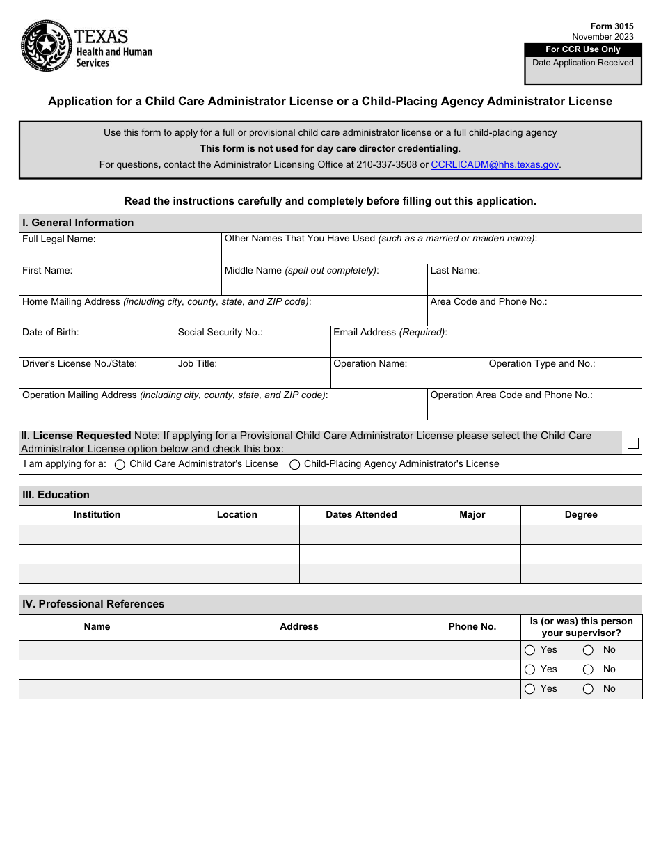 Form 3015 Application for a Child Care Administrator License or a Child-Placing Agency Administrator License - Texas, Page 1