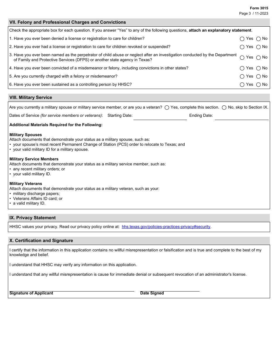 Form 3015 Application for a Child Care Administrator License or a Child-Placing Agency Administrator License - Texas, Page 3