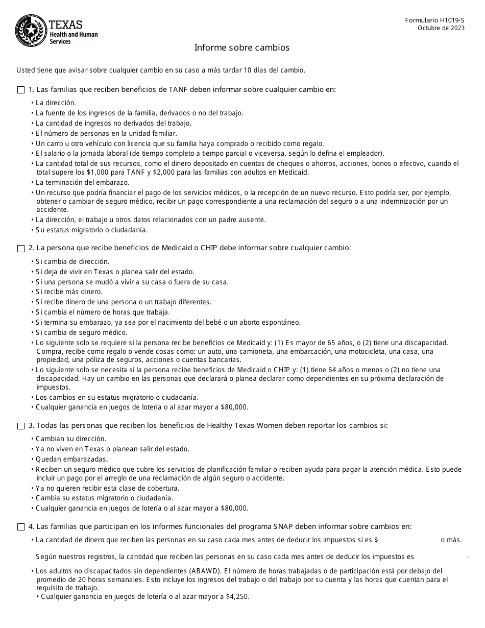 Formulario H1019-S Informe Sobre Cambios - Texas (Spanish), Page 1