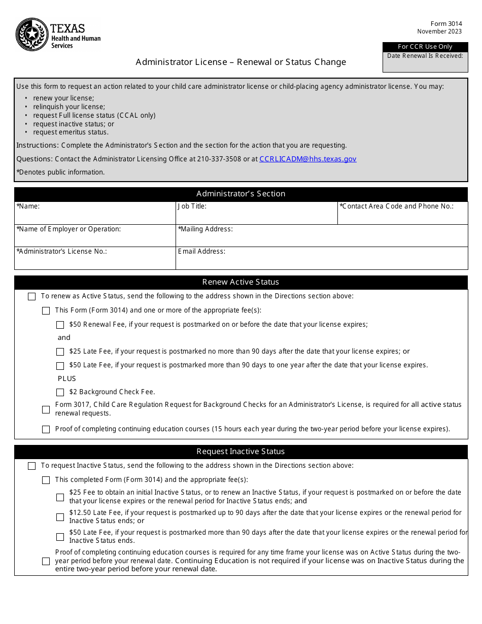 Form 3014 Administrator License - Renewal or Status Change - Texas, Page 1