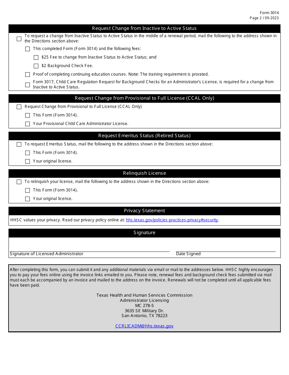 Form 3014 Administrator License - Renewal or Status Change - Texas, Page 2