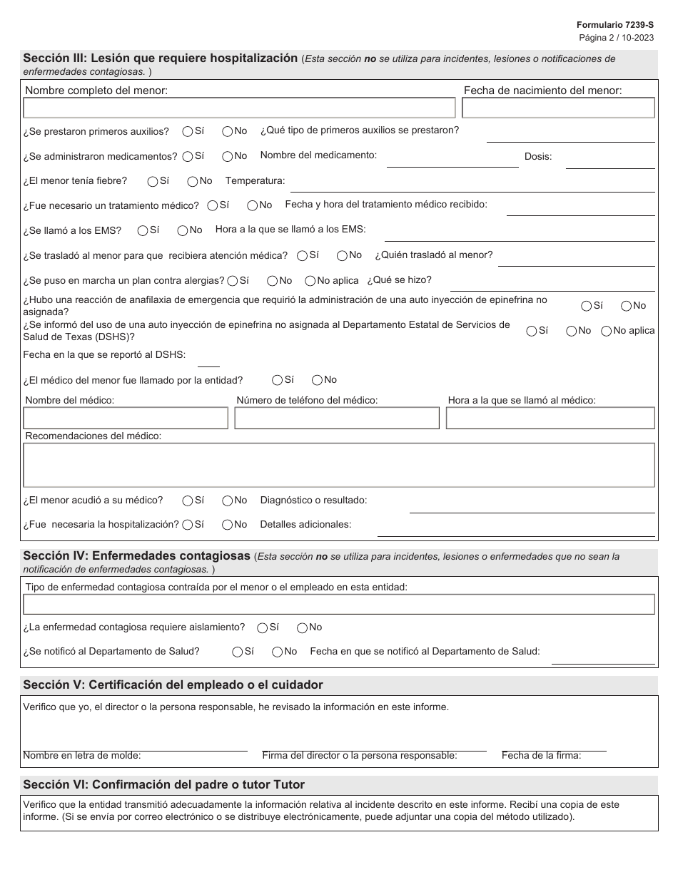 Formulario 7239-S Informe De Enfermedad O Incidente - Texas (Spanish), Page 2