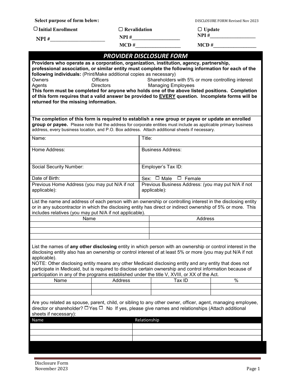 Provider Disclosure Form - Alabama, Page 1