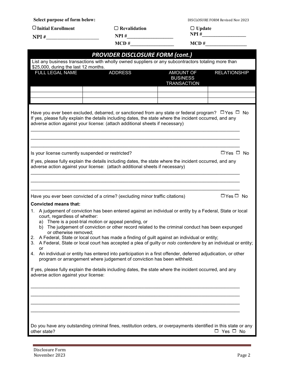 Provider Disclosure Form - Alabama, Page 2