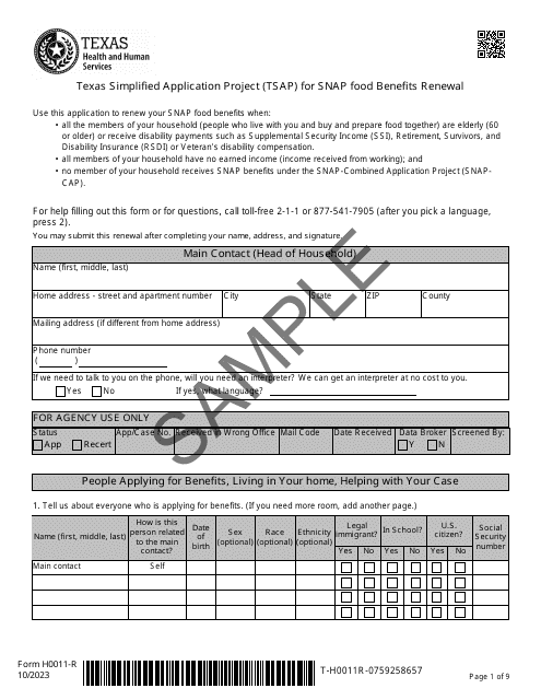 Form H0011-R Texas Simplified Application Project (Tsap) for Snap Food Benefits Renewal - Sample - Texas