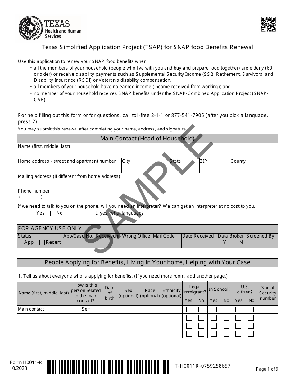 Form H0011-R Texas Simplified Application Project (Tsap) for Snap Food Benefits Renewal - Sample - Texas, Page 1