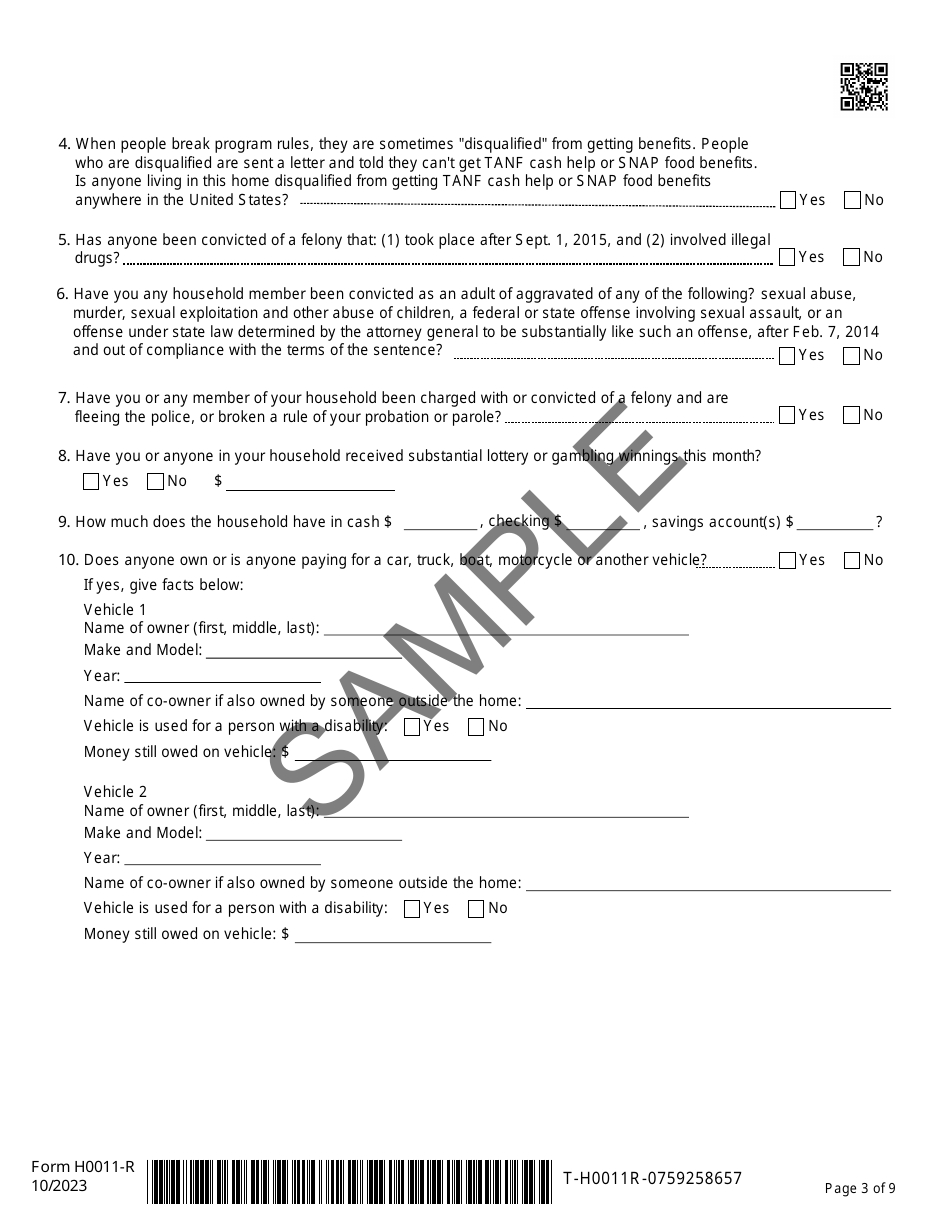 Form H0011-R Texas Simplified Application Project (Tsap) for Snap Food Benefits Renewal - Sample - Texas, Page 3