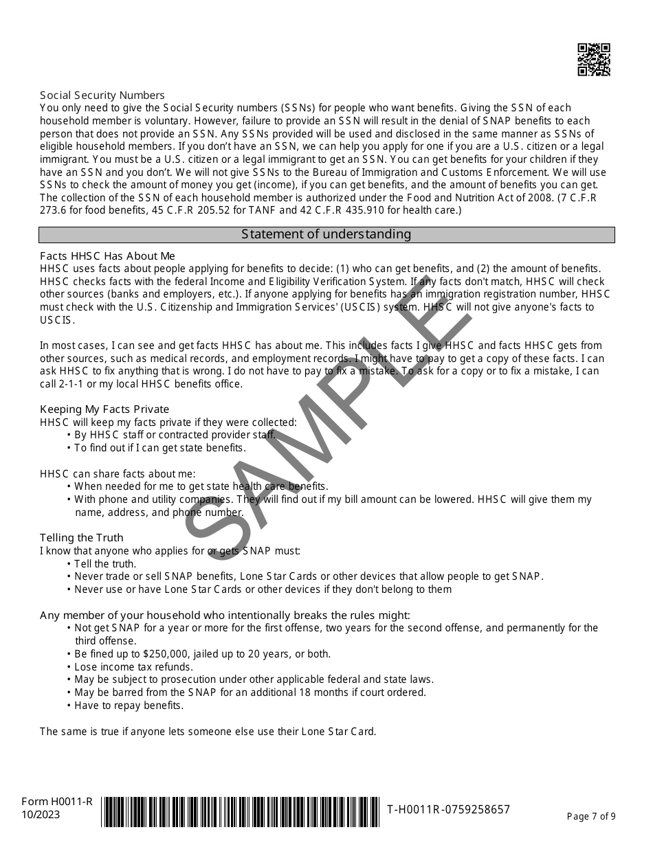 Form H0011-R Texas Simplified Application Project (Tsap) for Snap Food Benefits Renewal - Sample - Texas, Page 7