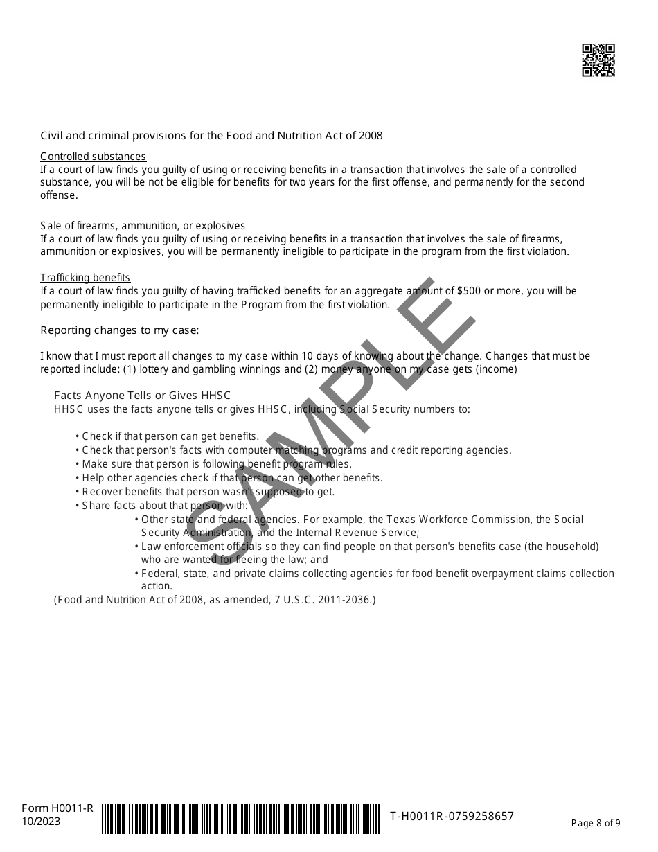 Form H0011-R Texas Simplified Application Project (Tsap) for Snap Food Benefits Renewal - Sample - Texas, Page 8