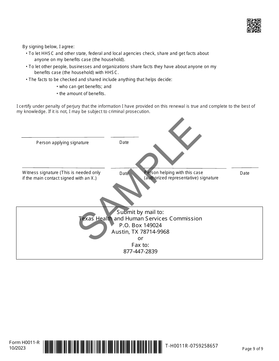Form H0011-R Texas Simplified Application Project (Tsap) for Snap Food Benefits Renewal - Sample - Texas, Page 9