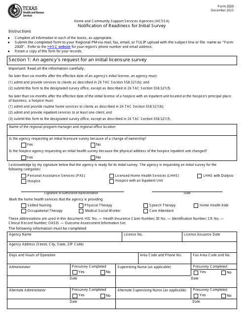 Form 2020 Notification of Readiness for Initial Survey - Texas