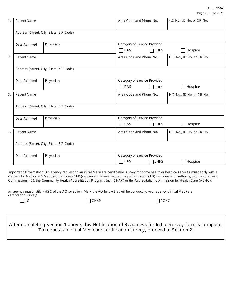 Form 2020 Notification of Readiness for Initial Survey - Texas, Page 2