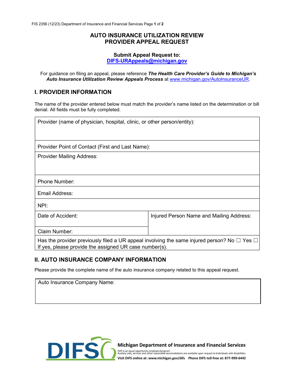 Form FIS2356 Auto Insurance Utilization Review Provider Appeal Request - Michigan, Page 1