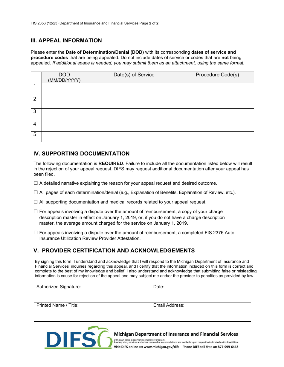 Form FIS2356 Auto Insurance Utilization Review Provider Appeal Request - Michigan, Page 2