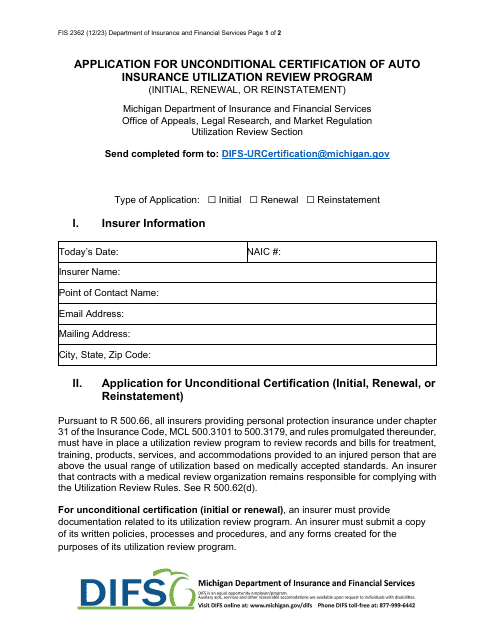 Form FIS2362 Application for Unconditional Certification of Auto Insurance Utilization Review Program (Initial, Renewal, or Reinstatement) - Michigan