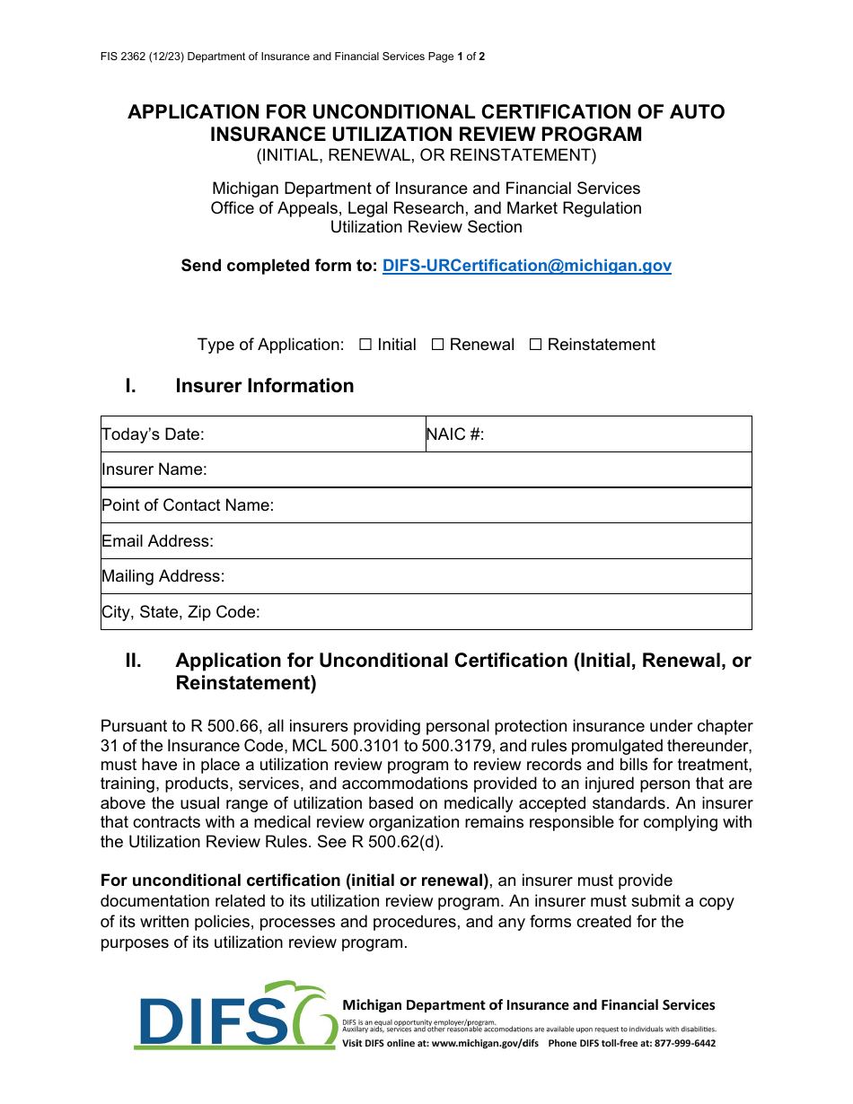 Form FIS2362 Download Fillable PDF or Fill Online Application for