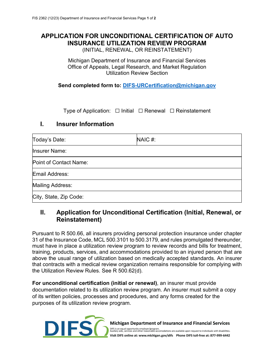 Form FIS2362 Application for Unconditional Certification of Auto Insurance Utilization Review Program (Initial, Renewal, or Reinstatement) - Michigan, Page 1