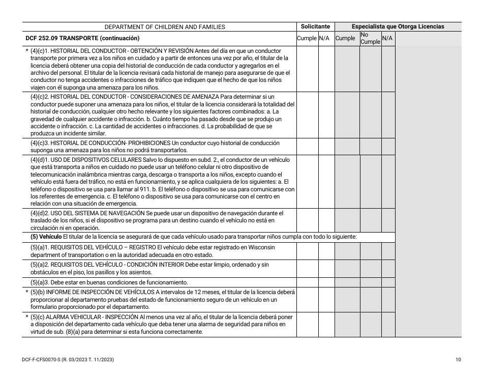Formulario DCF-F-CFS0070-S Lista De Verificacion De La Licencia Inicial - Campamentos De Dia - Wisconsin (Spanish), Page 10
