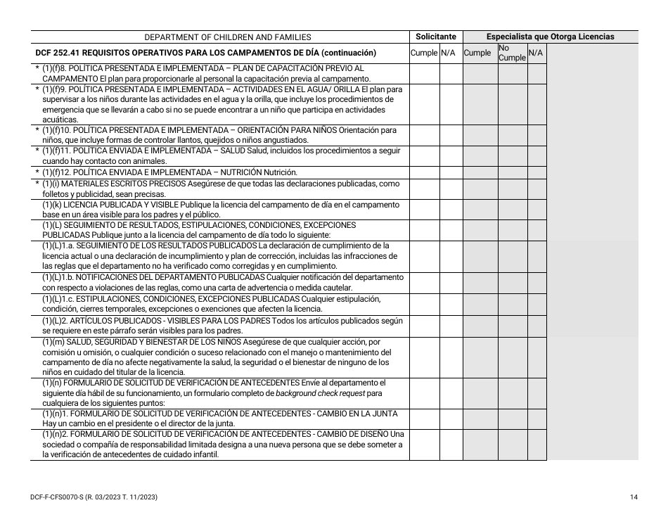 Formulario DCF-F-CFS0070-S Lista De Verificacion De La Licencia Inicial - Campamentos De Dia - Wisconsin (Spanish), Page 14