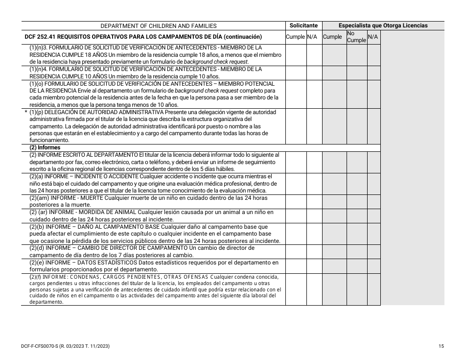 Formulario DCF-F-CFS0070-S Lista De Verificacion De La Licencia Inicial - Campamentos De Dia - Wisconsin (Spanish), Page 15