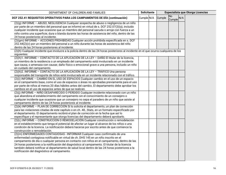 Formulario DCF-F-CFS0070-S Lista De Verificacion De La Licencia Inicial - Campamentos De Dia - Wisconsin (Spanish), Page 16