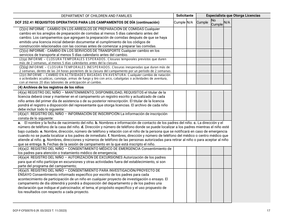 Formulario DCF-F-CFS0070-S Lista De Verificacion De La Licencia Inicial - Campamentos De Dia - Wisconsin (Spanish), Page 17