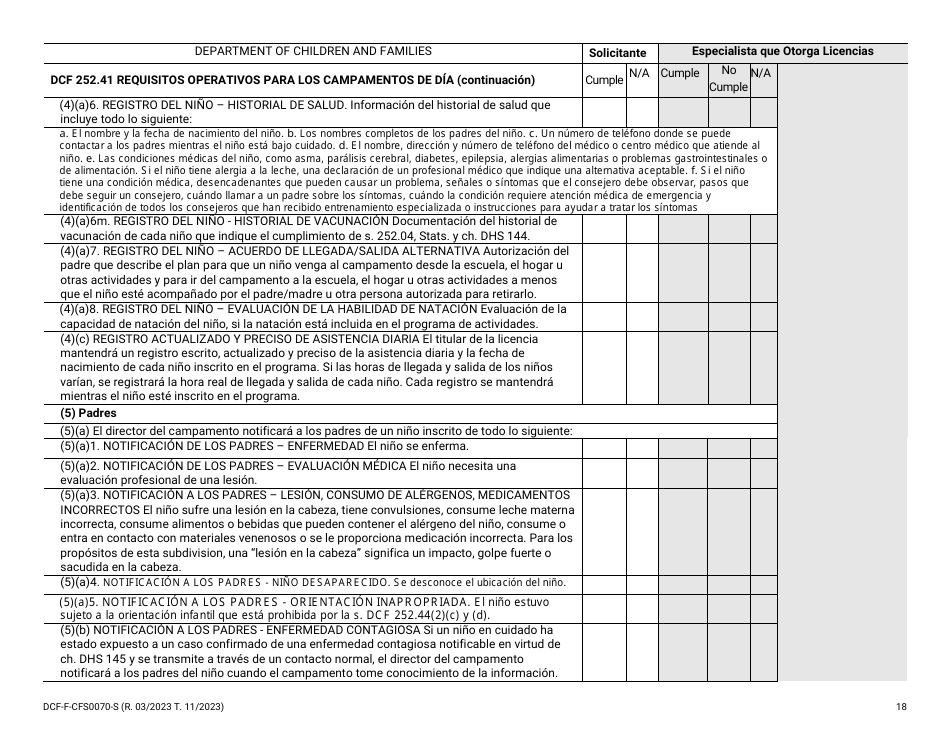 Formulario DCF-F-CFS0070-S Lista De Verificacion De La Licencia Inicial - Campamentos De Dia - Wisconsin (Spanish), Page 18