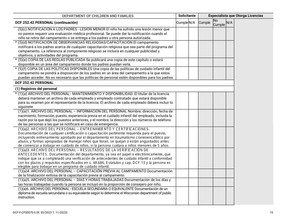 Formulario DCF-F-CFS0070-S Lista De Verificacion De La Licencia Inicial - Campamentos De Dia - Wisconsin (Spanish), Page 19