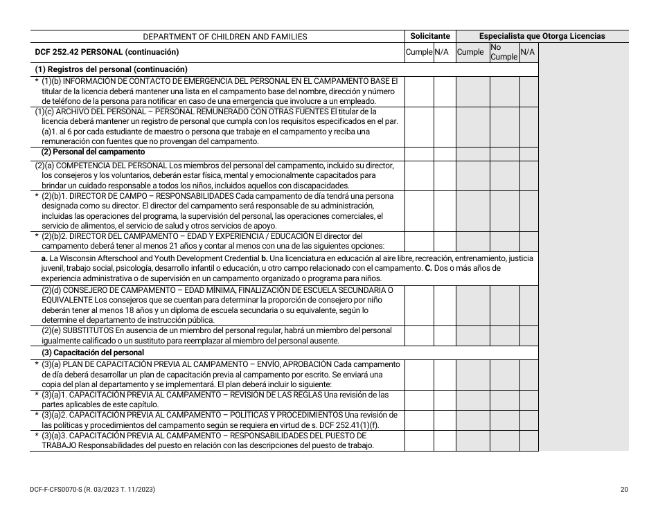 Formulario DCF-F-CFS0070-S Lista De Verificacion De La Licencia Inicial - Campamentos De Dia - Wisconsin (Spanish), Page 20