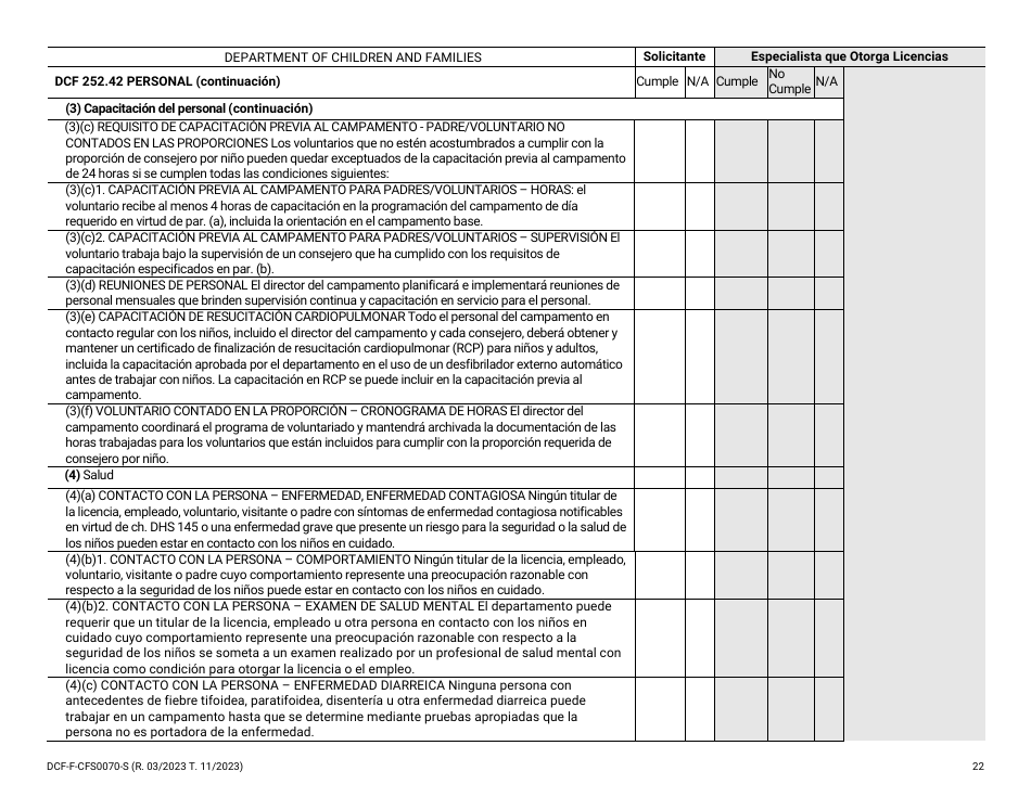 Formulario DCF-F-CFS0070-S Lista De Verificacion De La Licencia Inicial - Campamentos De Dia - Wisconsin (Spanish), Page 22