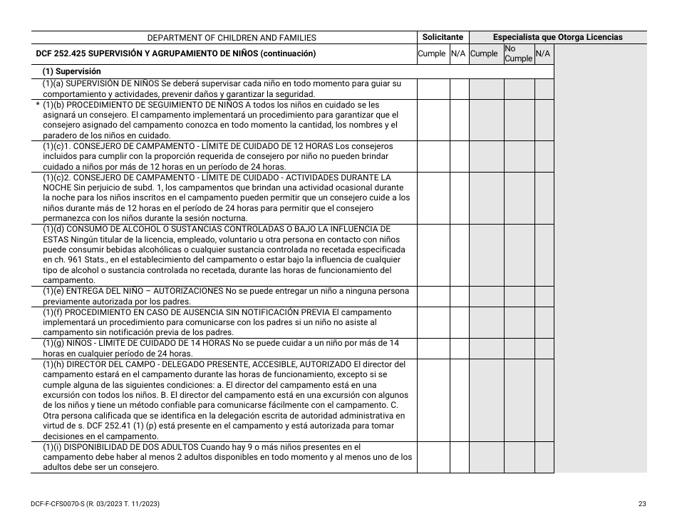 Formulario DCF-F-CFS0070-S Lista De Verificacion De La Licencia Inicial - Campamentos De Dia - Wisconsin (Spanish), Page 23