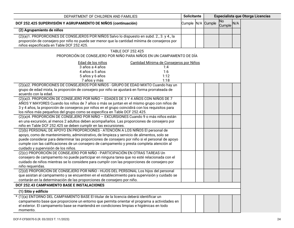 Formulario DCF-F-CFS0070-S Lista De Verificacion De La Licencia Inicial - Campamentos De Dia - Wisconsin (Spanish), Page 24