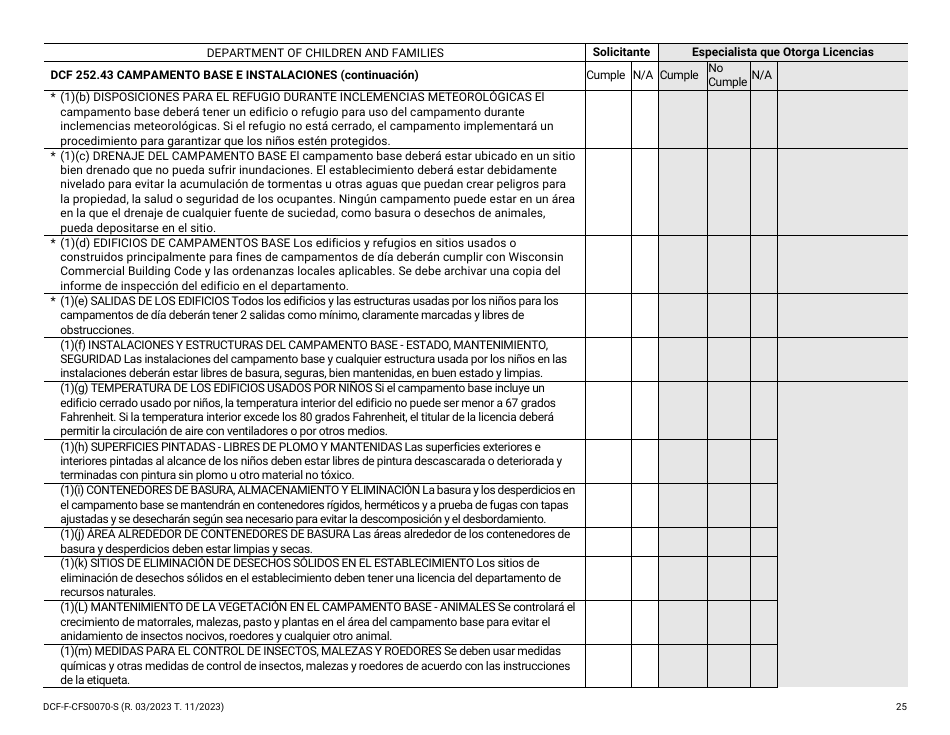 Formulario DCF-F-CFS0070-S Lista De Verificacion De La Licencia Inicial - Campamentos De Dia - Wisconsin (Spanish), Page 25