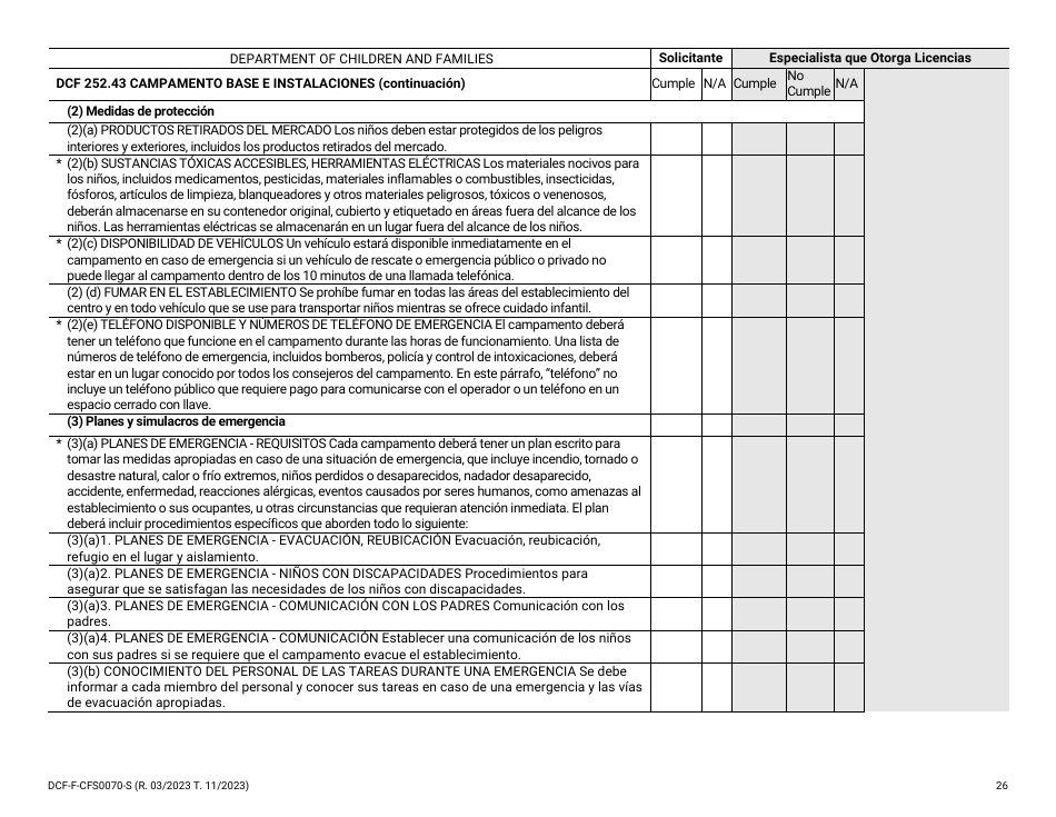 Formulario DCF-F-CFS0070-S Lista De Verificacion De La Licencia Inicial - Campamentos De Dia - Wisconsin (Spanish), Page 26