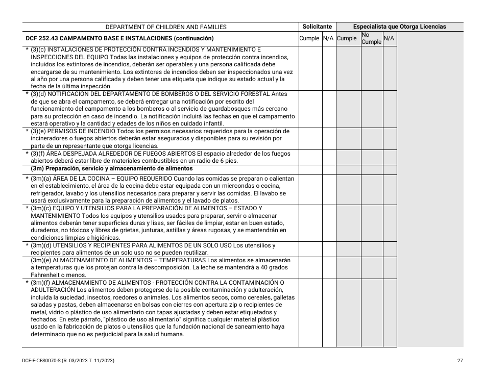 Formulario DCF-F-CFS0070-S Lista De Verificacion De La Licencia Inicial - Campamentos De Dia - Wisconsin (Spanish), Page 27