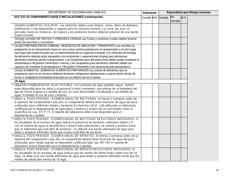 Formulario DCF-F-CFS0070-S Lista De Verificacion De La Licencia Inicial - Campamentos De Dia - Wisconsin (Spanish), Page 28