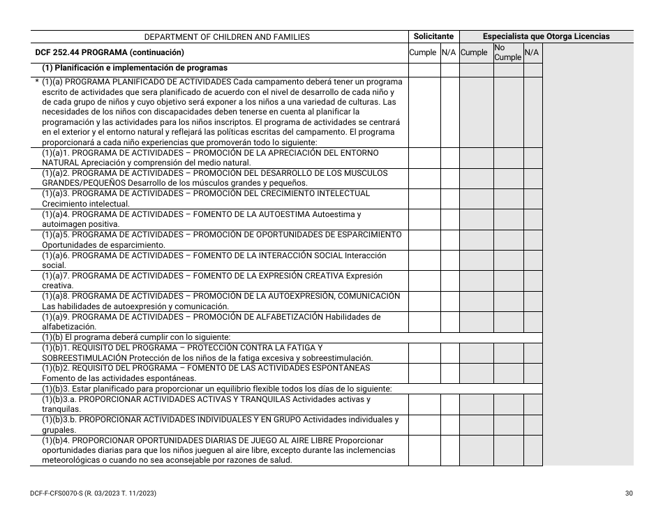 Formulario DCF-F-CFS0070-S Lista De Verificacion De La Licencia Inicial - Campamentos De Dia - Wisconsin (Spanish), Page 30