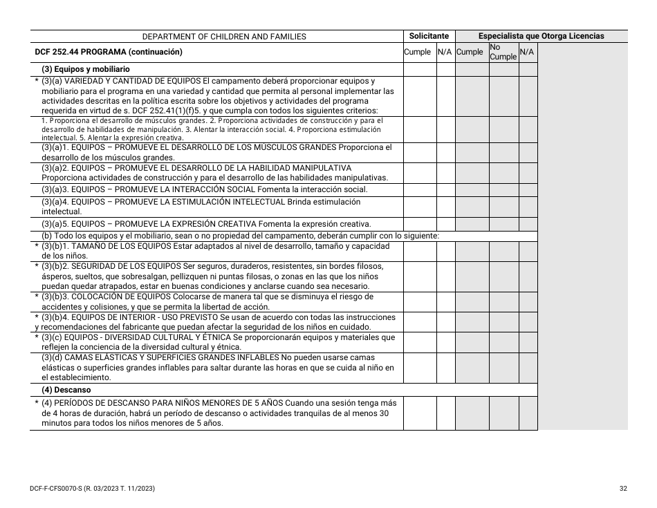 Formulario DCF-F-CFS0070-S Lista De Verificacion De La Licencia Inicial - Campamentos De Dia - Wisconsin (Spanish), Page 32