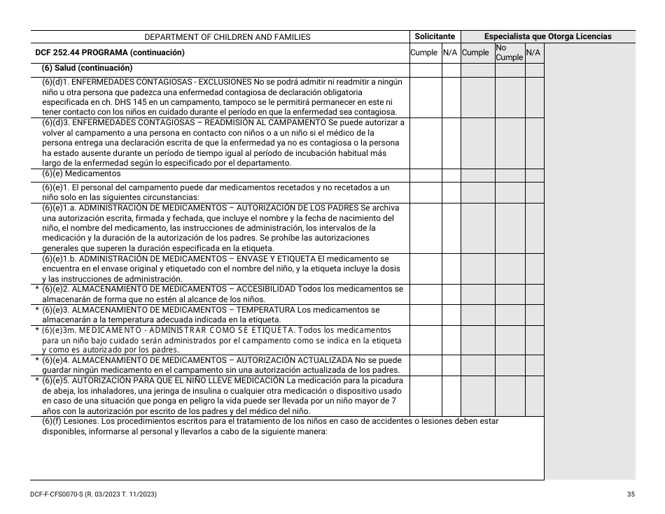 Formulario DCF-F-CFS0070-S Lista De Verificacion De La Licencia Inicial - Campamentos De Dia - Wisconsin (Spanish), Page 35