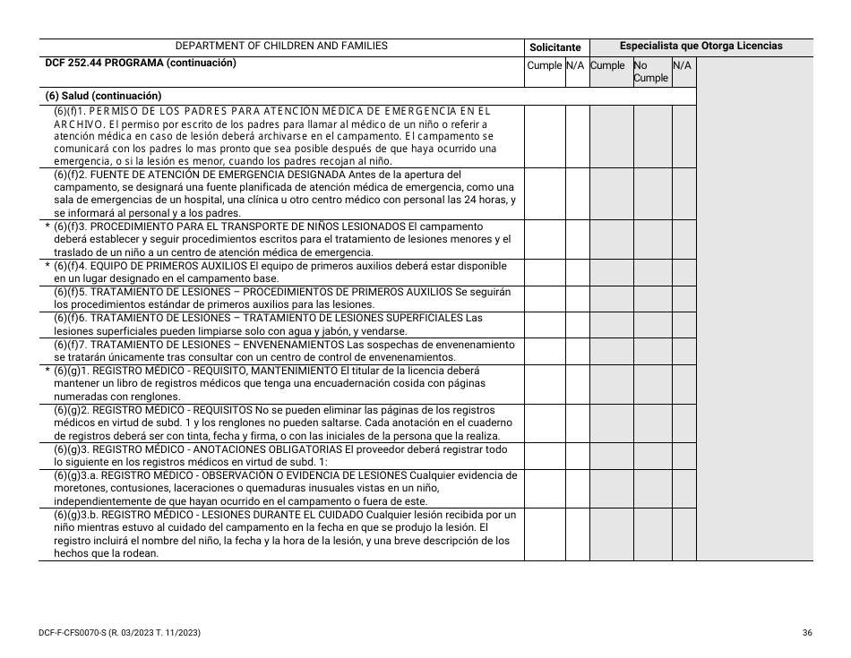 Formulario DCF-F-CFS0070-S Lista De Verificacion De La Licencia Inicial - Campamentos De Dia - Wisconsin (Spanish), Page 36
