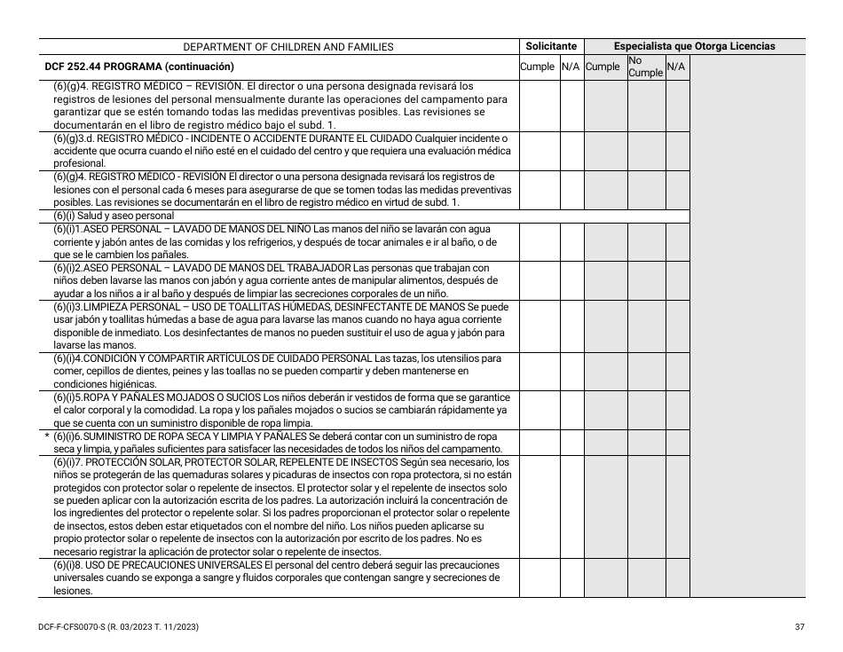 Formulario DCF-F-CFS0070-S Lista De Verificacion De La Licencia Inicial - Campamentos De Dia - Wisconsin (Spanish), Page 37
