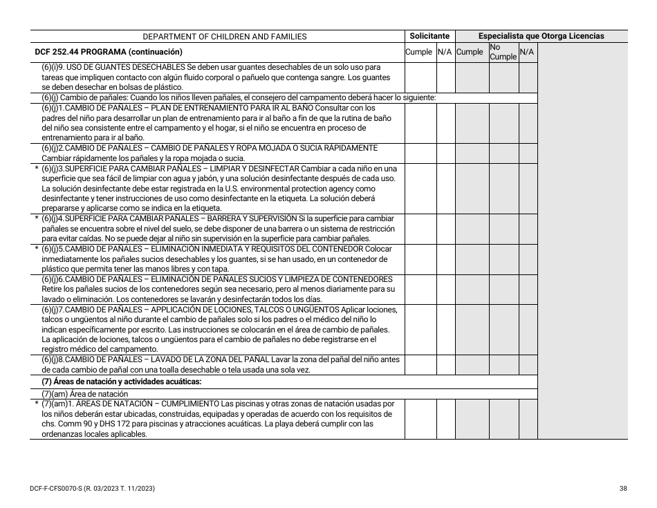 Formulario DCF-F-CFS0070-S Lista De Verificacion De La Licencia Inicial - Campamentos De Dia - Wisconsin (Spanish), Page 38
