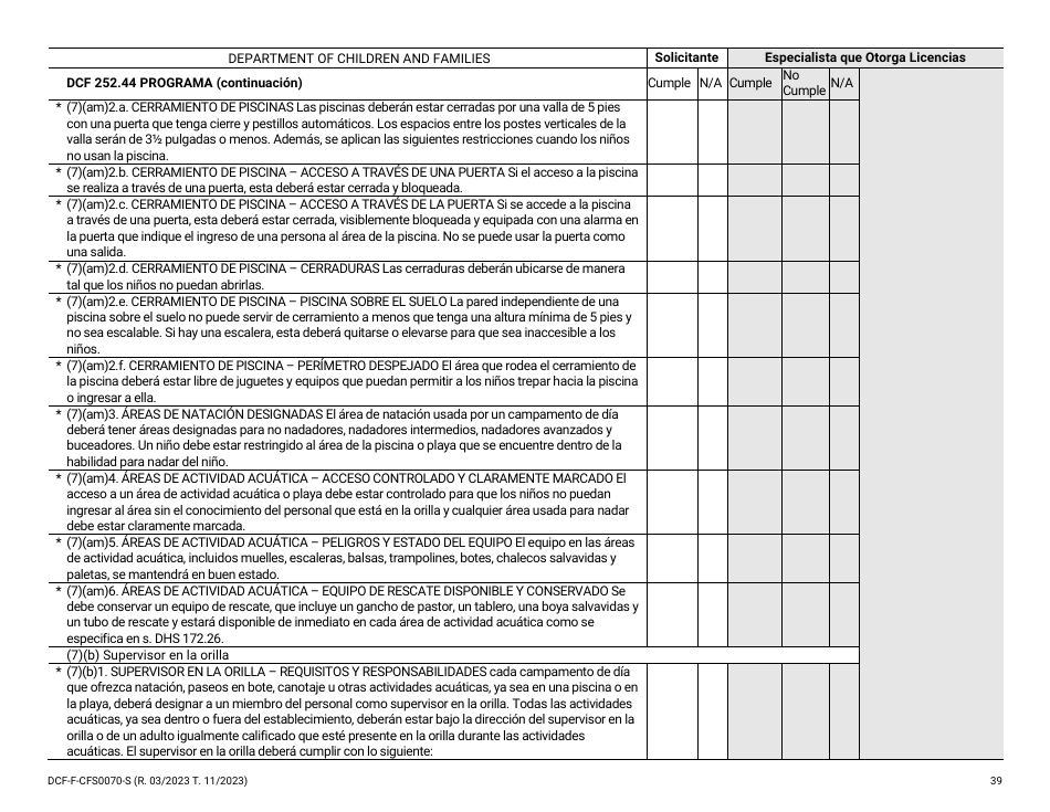 Formulario DCF-F-CFS0070-S Lista De Verificacion De La Licencia Inicial - Campamentos De Dia - Wisconsin (Spanish), Page 39