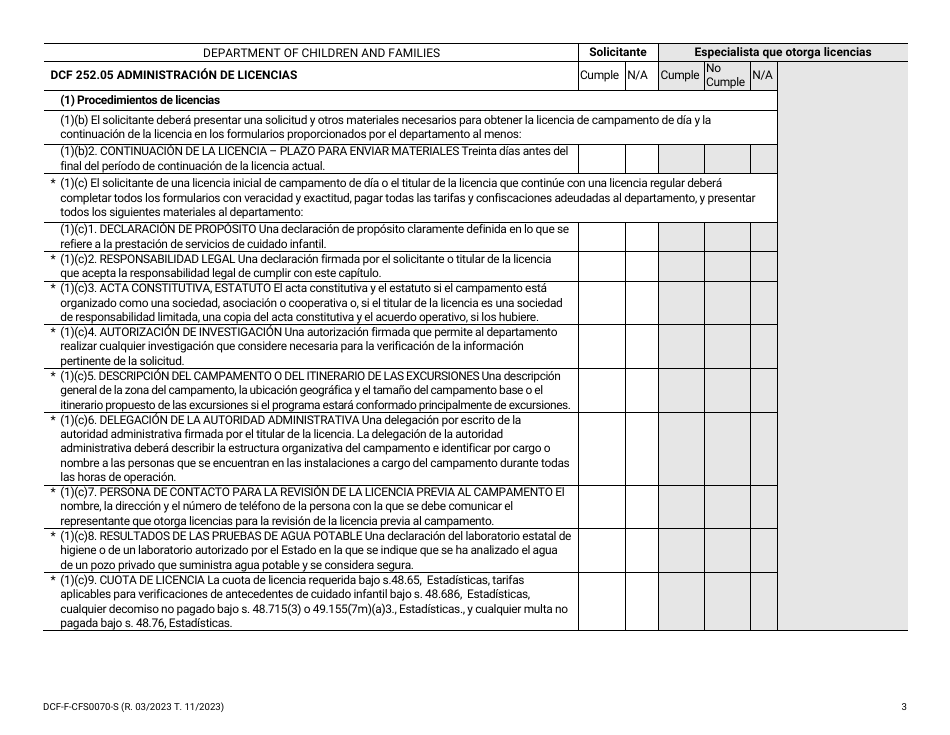 Formulario DCF-F-CFS0070-S Lista De Verificacion De La Licencia Inicial - Campamentos De Dia - Wisconsin (Spanish), Page 3