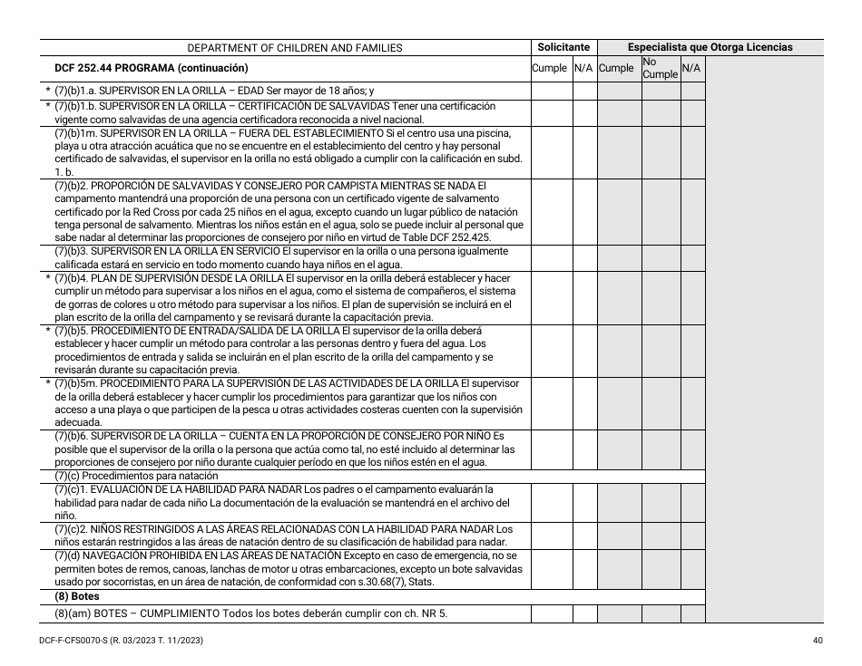 Formulario DCF-F-CFS0070-S Lista De Verificacion De La Licencia Inicial - Campamentos De Dia - Wisconsin (Spanish), Page 40