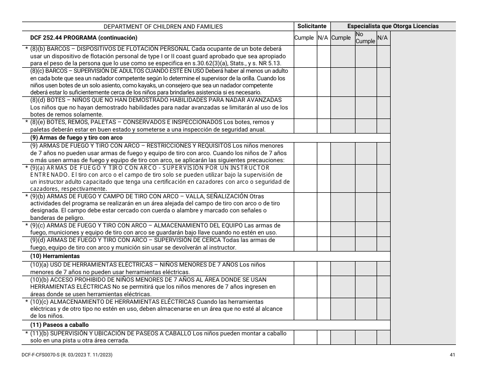 Formulario DCF-F-CFS0070-S Lista De Verificacion De La Licencia Inicial - Campamentos De Dia - Wisconsin (Spanish), Page 41