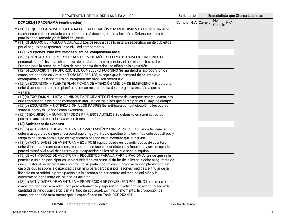 Formulario DCF-F-CFS0070-S Lista De Verificacion De La Licencia Inicial - Campamentos De Dia - Wisconsin (Spanish), Page 42